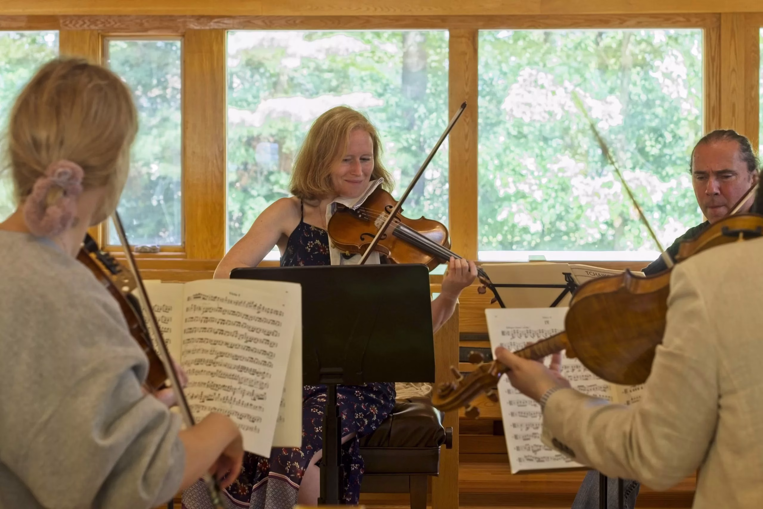 Four musicians sit in a sunlit room, playing string instruments and reading sheet music. A woman in a patterned dress smiles while playing violin; others are seen from behind or in profile. Large windows show green trees outside.