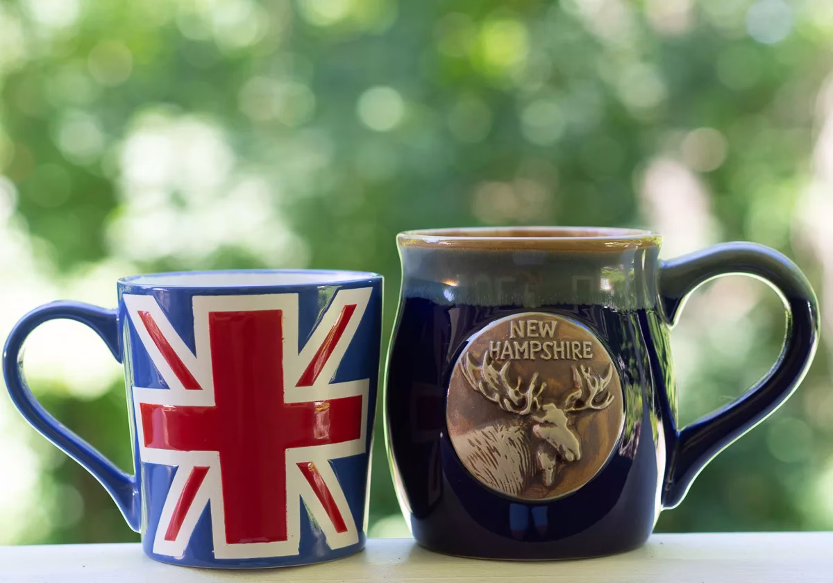 Two mugs sit side by side; one features the Union Jack flag, and the other displays a moose with the words New Hampshire against a blurred green outdoor background.
