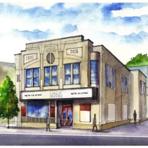 Watercolor illustration of Park Theatre with “1922” and “2018” on the facade. The marquee says “NOW PLAYING.” People walk by the entrance, highlighting the Park Theatre pass - 5 concerts.