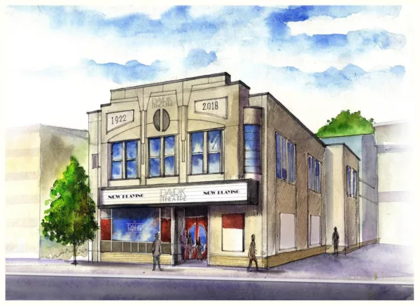 Watercolor illustration of Park Theatre with “1922” and “2018” on the facade. The marquee says “NOW PLAYING.” People walk by the entrance, highlighting the Park Theatre pass - 5 concerts.