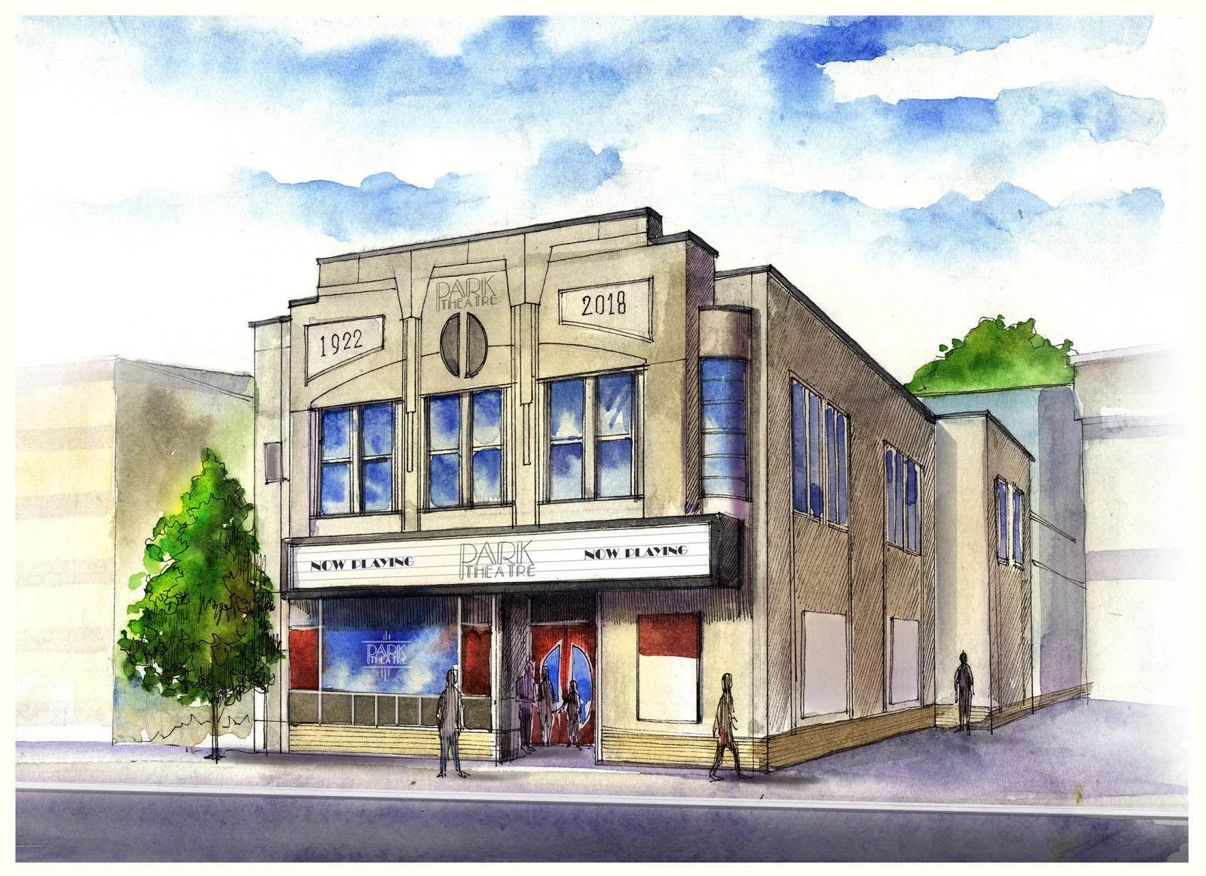 Watercolor illustration of Park Theatre with “1922” and “2018” on the facade. The marquee says “NOW PLAYING.” People walk by the entrance, highlighting the Park Theatre pass - 5 concerts.