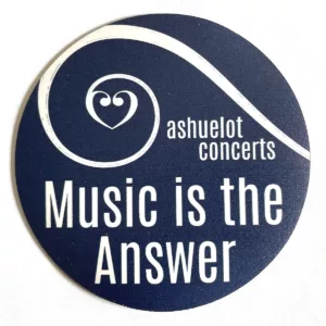 A round dark blue "Music is the Answer Car Magnet" featuring a white swirl, a heart, and the text ashuelot concerts above the phrase Music is the Answer.