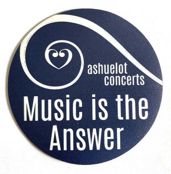 A round dark blue "Music is the Answer Car Magnet" featuring a white swirl, a heart, and the text ashuelot concerts above the phrase Music is the Answer.