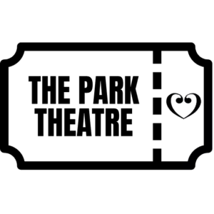 A black cat silhouette sits facing right with a curled tail forming a heart containing a white heart inside. Transparent background. Product: Adult – The Park Theatre – June 2024.
