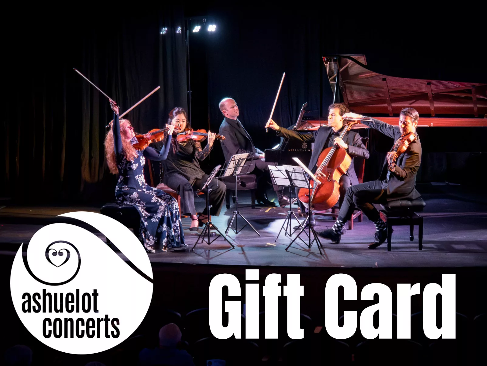 A string quartet and pianist perform on stage with sheet music. The Ashuelot Concerts logo and "Gift Card" are prominently displayed in the image.