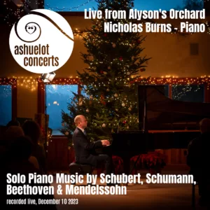 A pianist performs on stage with a grand piano and Christmas tree, as an audience watches. Experience "Live Concert Recording: Schubert, Schumann, Beethoven & Mendelssohn, works for solo piano.