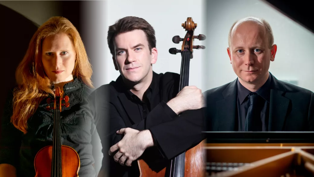 Three classical musicians posing with their instruments: a woman with a violin on the left, a man with a cello in the center, and a man in front of a piano on the right.