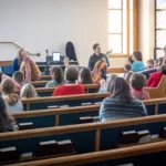 A group sits in church pews, some raising hands, as a man speaks and another holds a cello by the piano with sunlight through stained glass—experience all this with the 2024-25 Full Season Ticket (11 concerts, includes full Winter Festival).