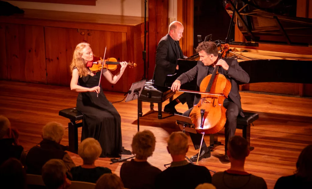 A trio of musicians perform on stage: a woman plays violin, a man plays cello, and another man plays piano. They are dressed formally, and an audience watches from the foreground in a wooden concert hall.