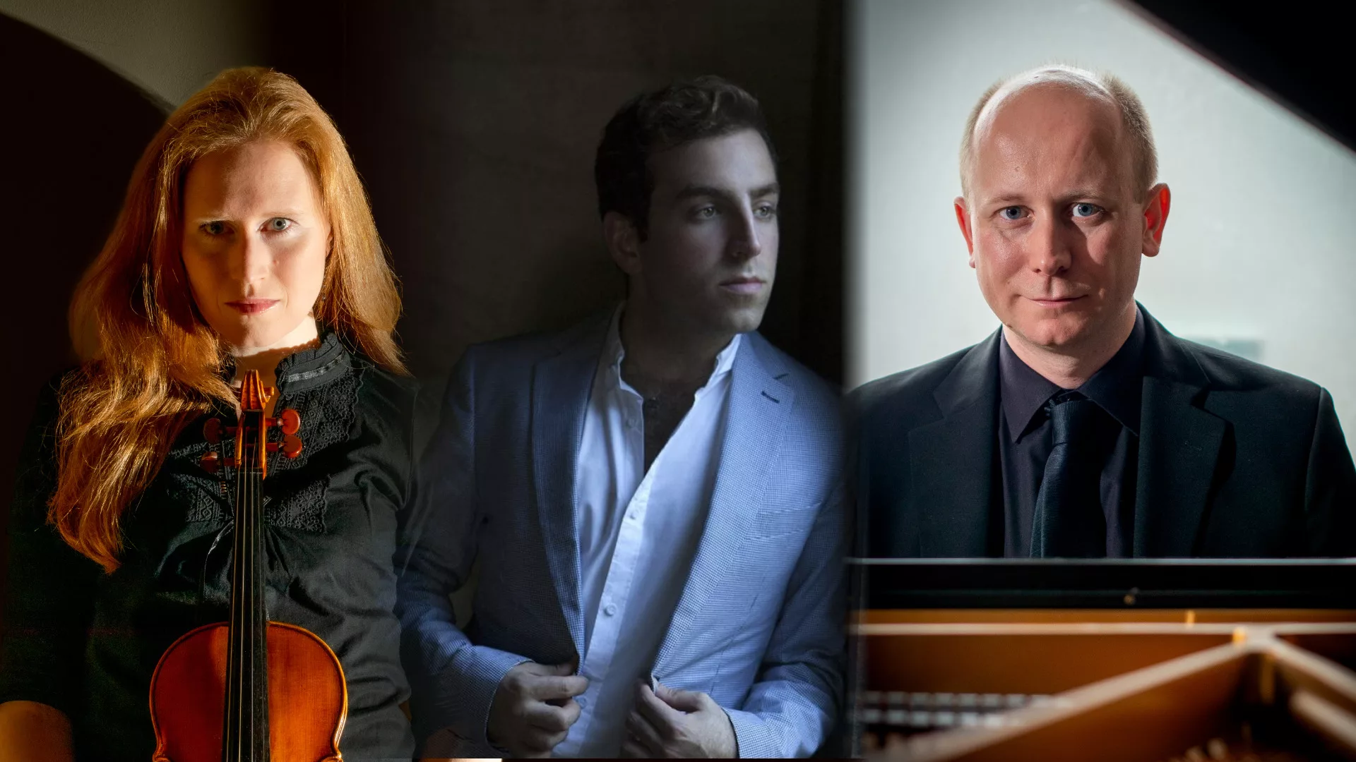 A woman holding a violin, a man in a light suit looking to the side, and a man in a dark suit seated at a piano, each in separate lighting, are arranged side by side in a composite image.