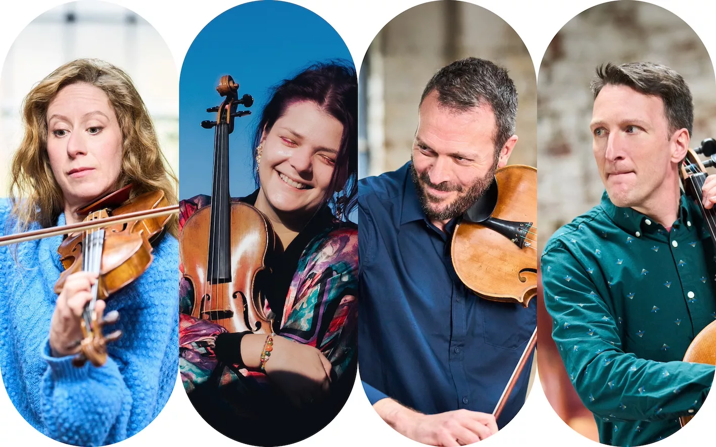 Four musicians pose with string instruments: two women holding violins, one smiling, and two men with violas or cellos, all wearing colorful casual clothes, against bright or blurred backgrounds.