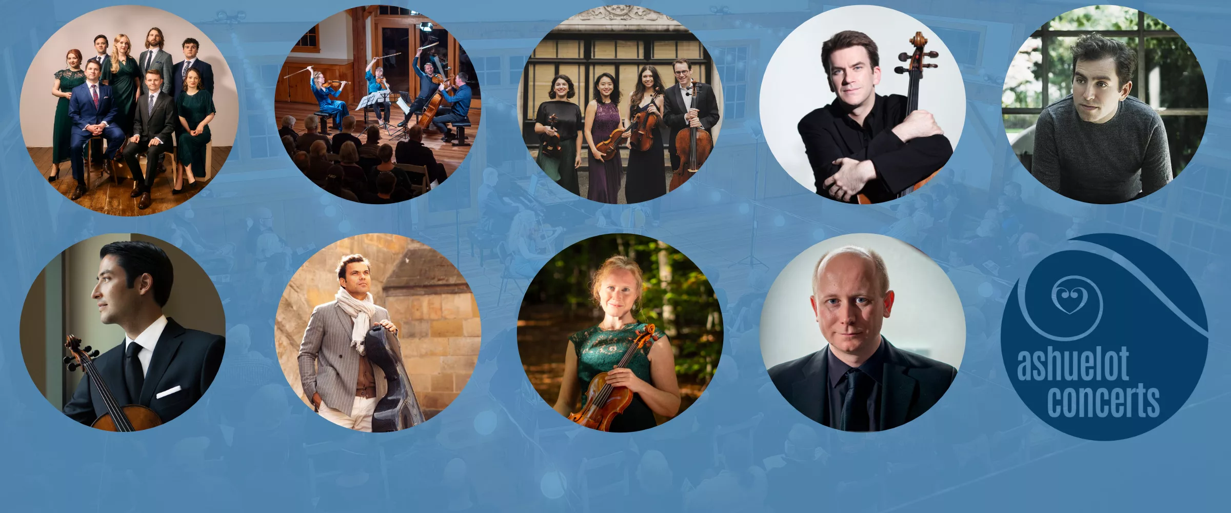 A collage of nine circular photos of musicians, including individual and group shots, set against a blue background with the Ashuelot Concerts logo on the right.