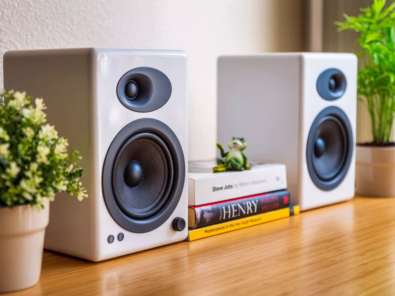 Two white speakers sit on a wooden surface, flanked by potted plants. Between the speakers are stacked books and a small frog figurine. The scene is well-lit with a modern, tidy aesthetic.