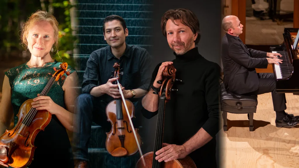 Four musicians are shown: a woman holding a violin, a man with a viola sitting on steps, a man with a cello, and a pianist playing a grand piano on stage.