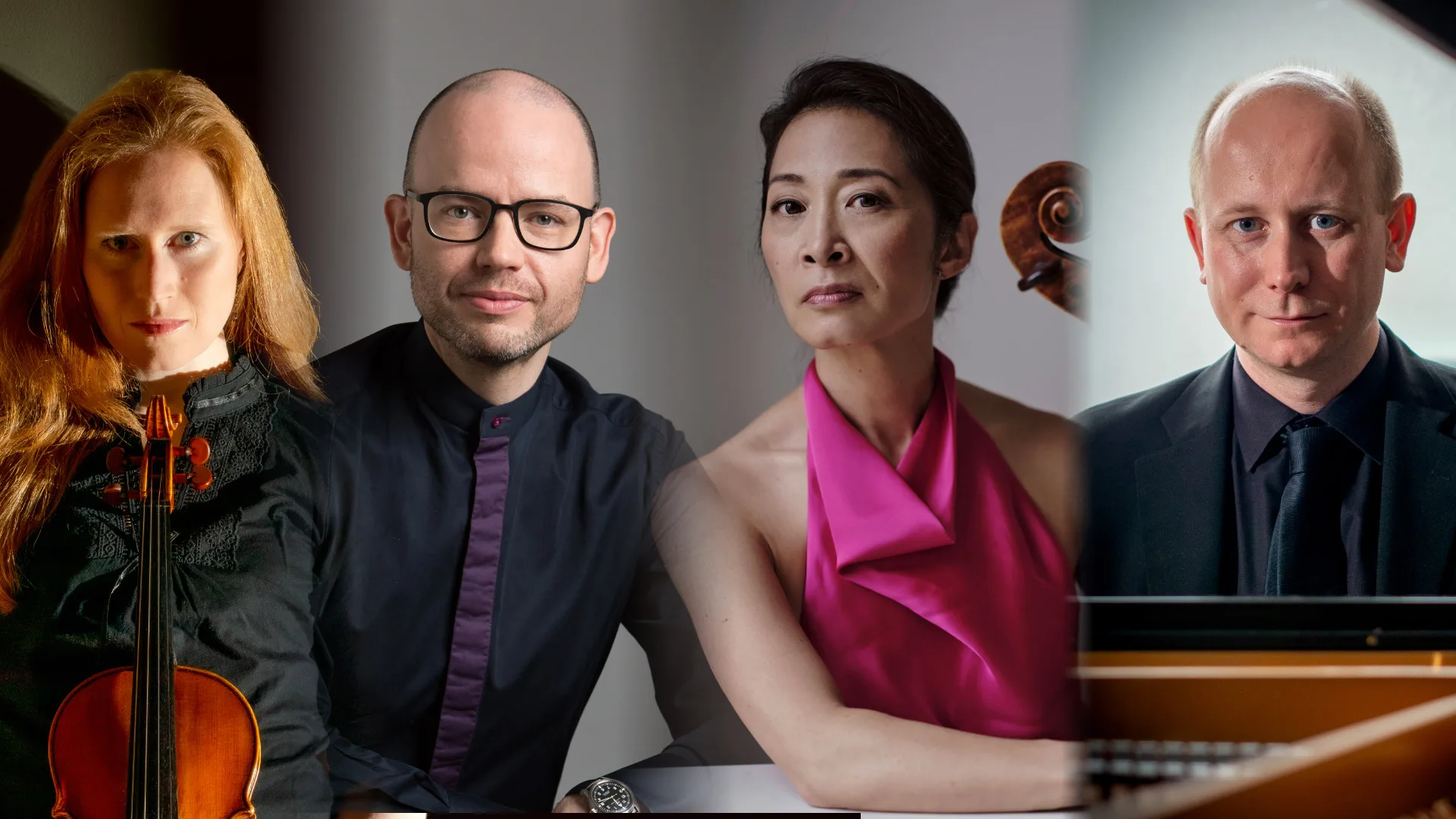 Four musicians pose side by side; a woman with a violin, a man with glasses in a dark shirt, a woman in a pink top, and a man in a suit seated at a piano.