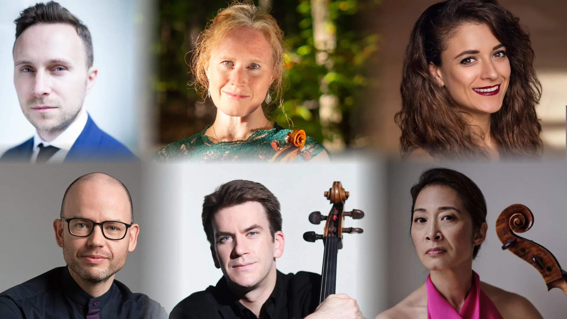 A collage of six classical musicians, four men and two women, each posing individually with neutral or smiling expressions, some holding string instruments such as a violin and cello.